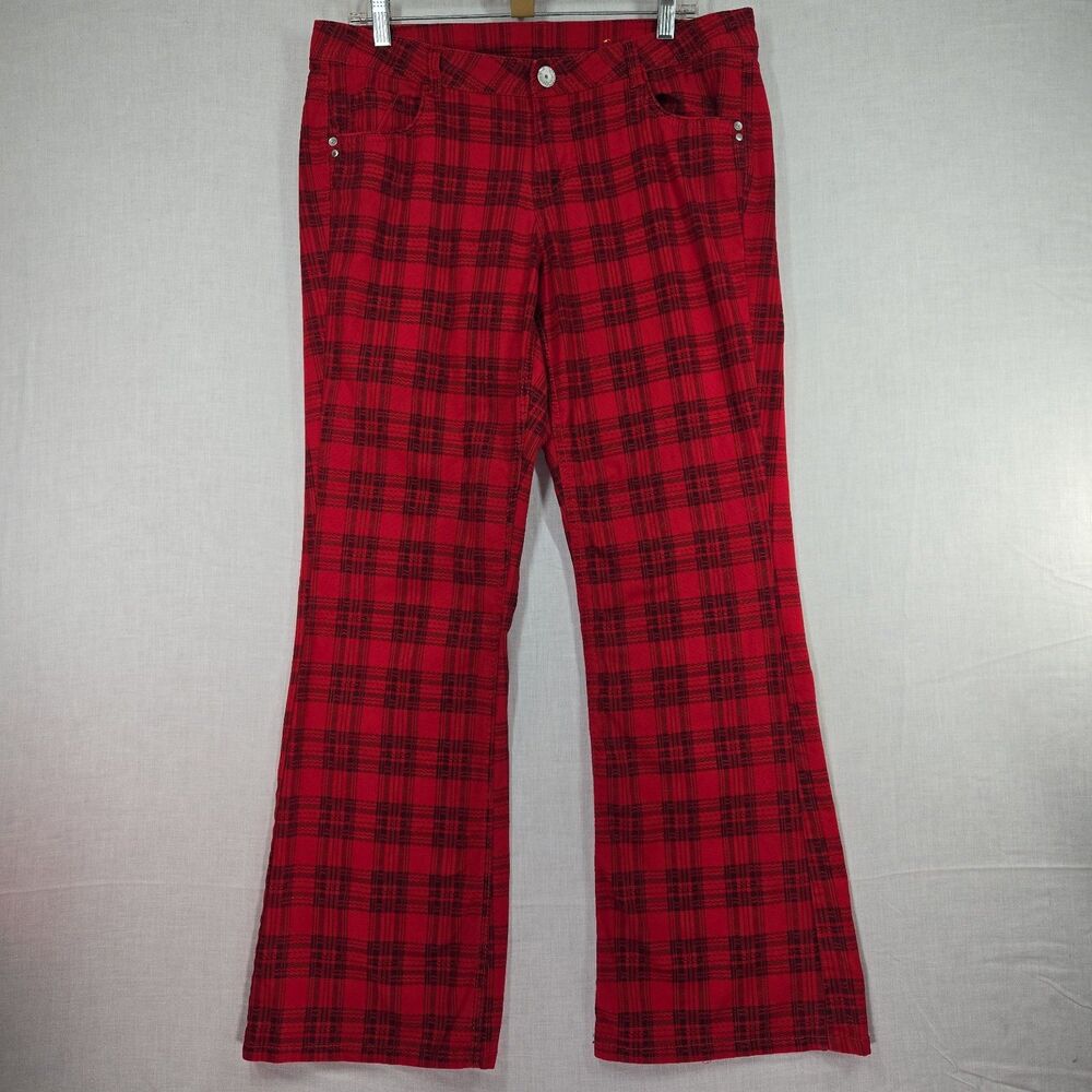 Y2K Almost Famous Red Plaid Flare Jeans Pants Size 16, 30" Inseam Punk Bold Pop